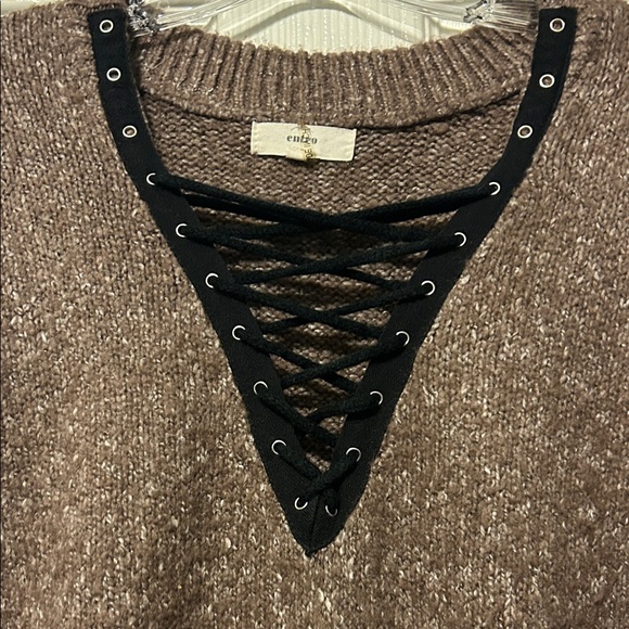 Entro Brown V-Neck Lace-Up Sweater - Picture 2 of 4